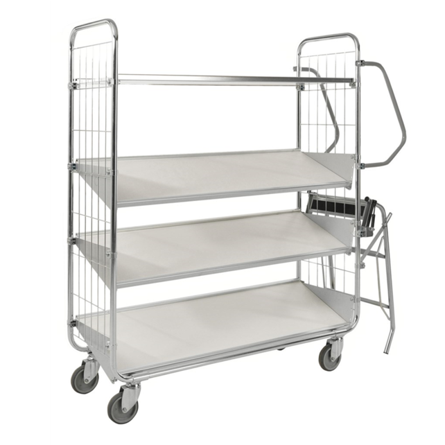 Kommissionier-Etagenwagen mit Gitterwänden 1395 × 470 × 1590 mm, 4 Regalböden, Tragkraft 250 kg