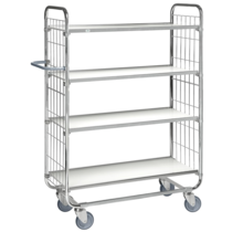 Kommissionier-Etagenwagen mit Gitterwänden 1395 × 470 × 1590 mm, 4 Regalböden, Tragkraft 250 kg