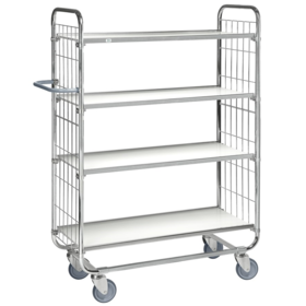 Kommissionier-Etagenwagen mit Gitterwänden 1395 × 470 × 1590 mm, 4 Regalböden, Tragkraft 250 kg