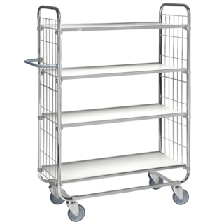 Kommissionier-Etagenwagen mit Gitterwänden 1395 × 470 × 1590 mm, 4 Regalböden, Tragkraft 250 kg