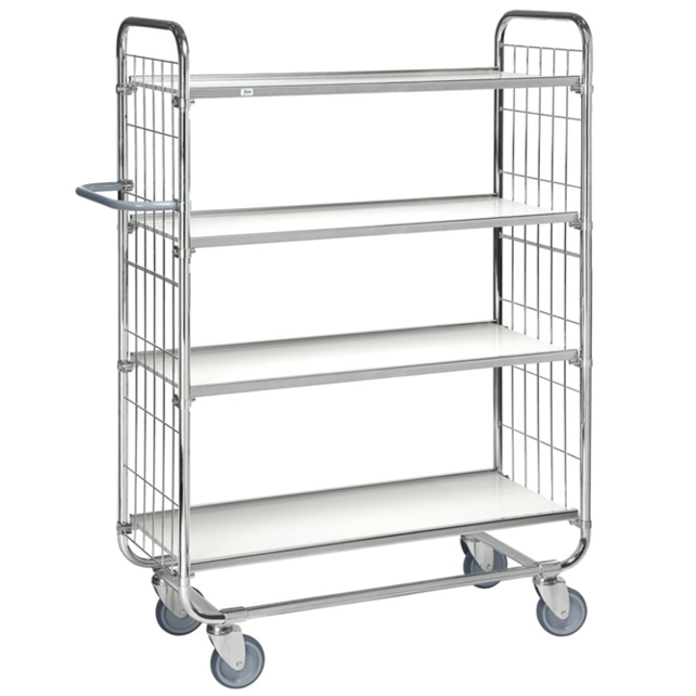 Kommissionier-Etagenwagen mit Gitterwänden 1395 × 470 × 1590 mm, 4 Regalböden, Tragkraft 250 kg
