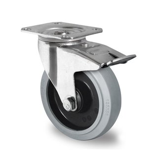 Swivel wheel with brake 125mm 220kg Grey Elastic Rubber High-quality Polyamide