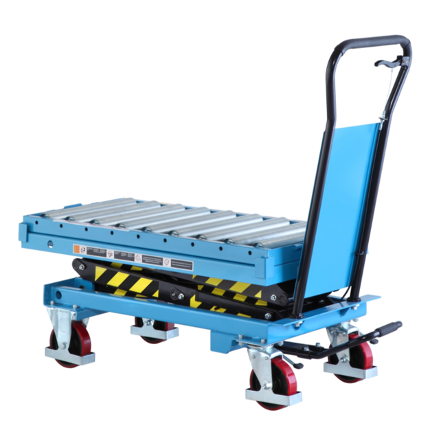 Lifting table trolley with roller conveyor track 300Kg or 500Kg 100x50
