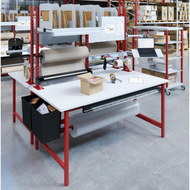 Shelf with dividers for packing table Shelf with dividers for packing table