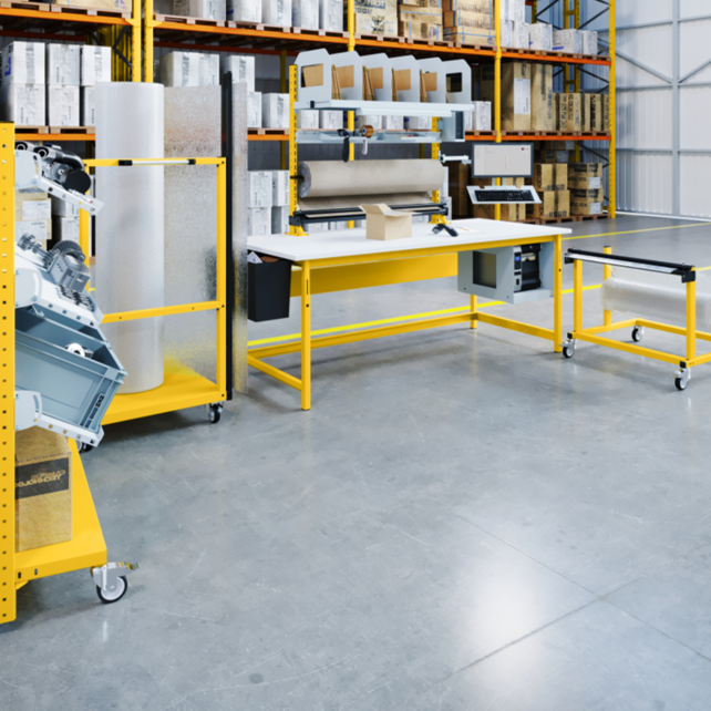 Shelf with dividers for packing table Shelf with dividers for packing table