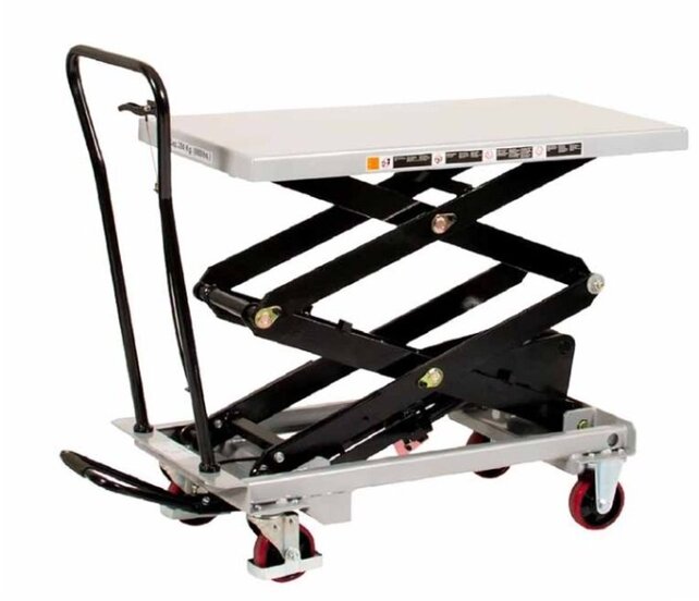 Hubtischwagen 300 kg – Hubhöhe 1585 mm, Plattform 1010 x 520 mm Doppelscheren