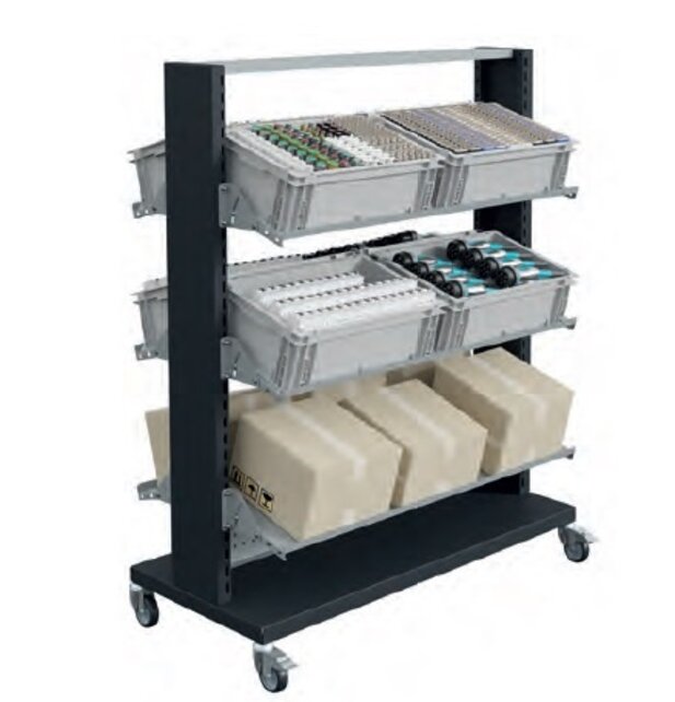 Etagenwagen FLUXO mit 3 Legplanken LxDxH 746x650x1775mm Order Picker