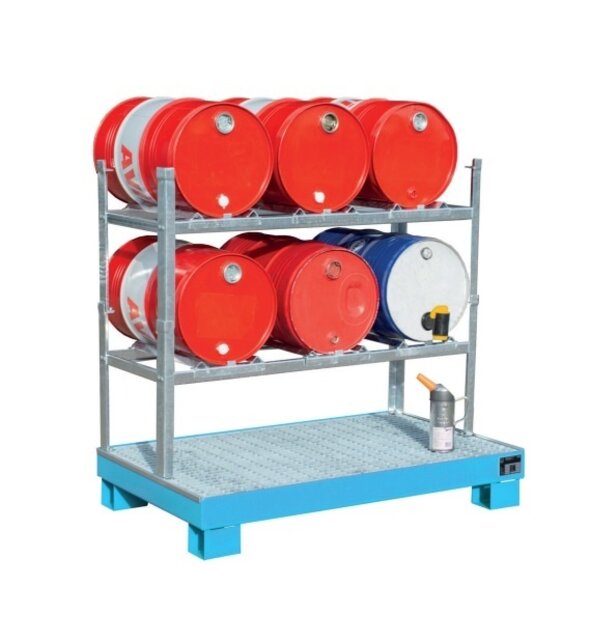 Horizontal storage and filling point drum shelf up to 9x60 Liters and cans