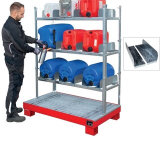 Rayonnage de stockage horizontal et point de remplissage pour fûts et bidons