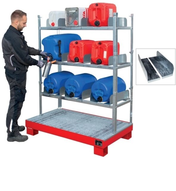 Horizontal storage and filling point drum shelf up to 9x60 Liters and cans