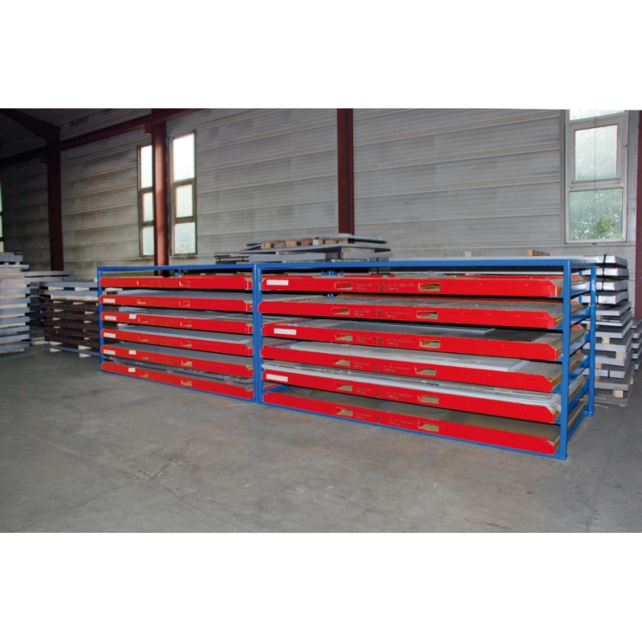 Storage rack for sheet material with stackable steel trays - KBR