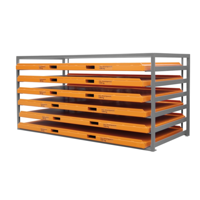 Storage rack for sheet material with stackable steel trays - KBR