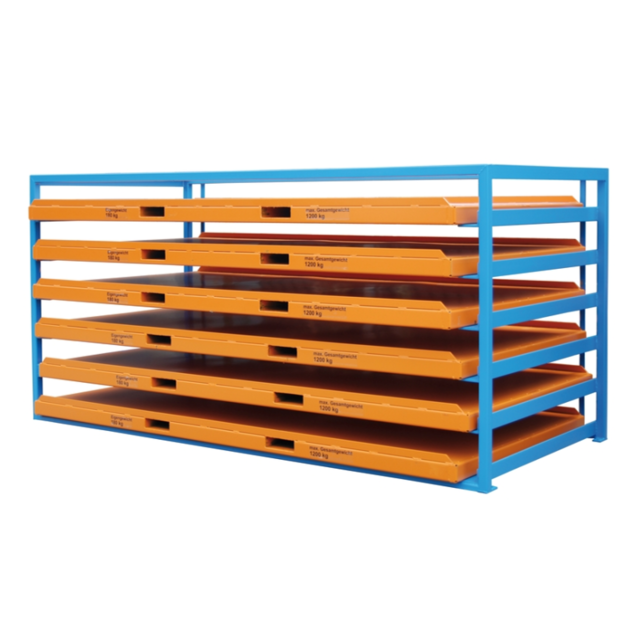 Storage rack for sheet material with stackable steel trays - KBR