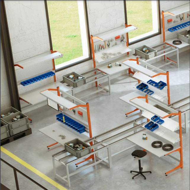 Productielijn werkstation transportband werktafel 150 kg met werkblad