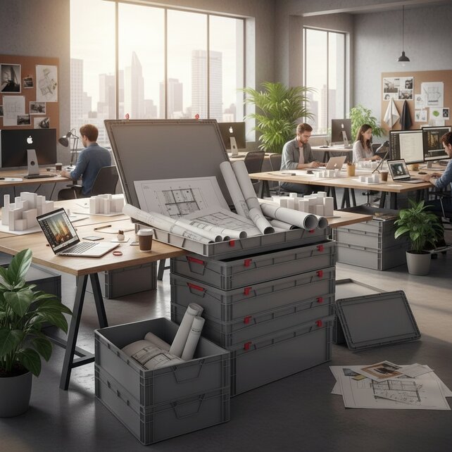 Eurokrat 80x60x13.5 cm met deksel Eurobox  Euronorm kratten open handvat