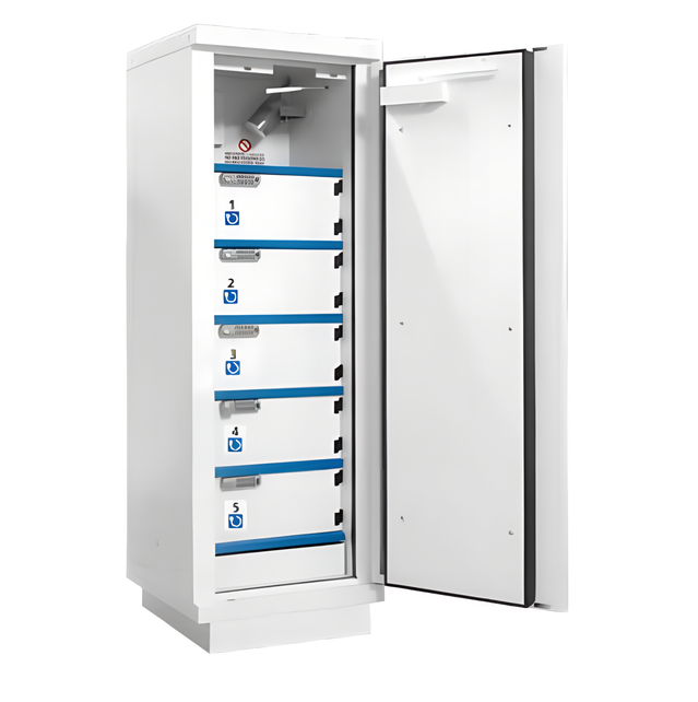 90‑Minute Fire‑Resistant Lithium‑Ion Battery Cabinet – 1 Door – 5 Lockable Compartments