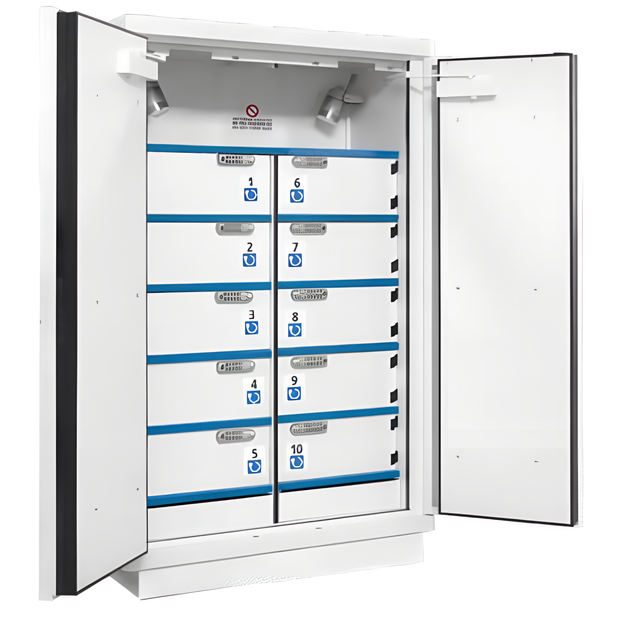 Armoire coupe‑feu 90 min pour batteries lithium‑ion – 2 portes – 10 compartiments verrouillables