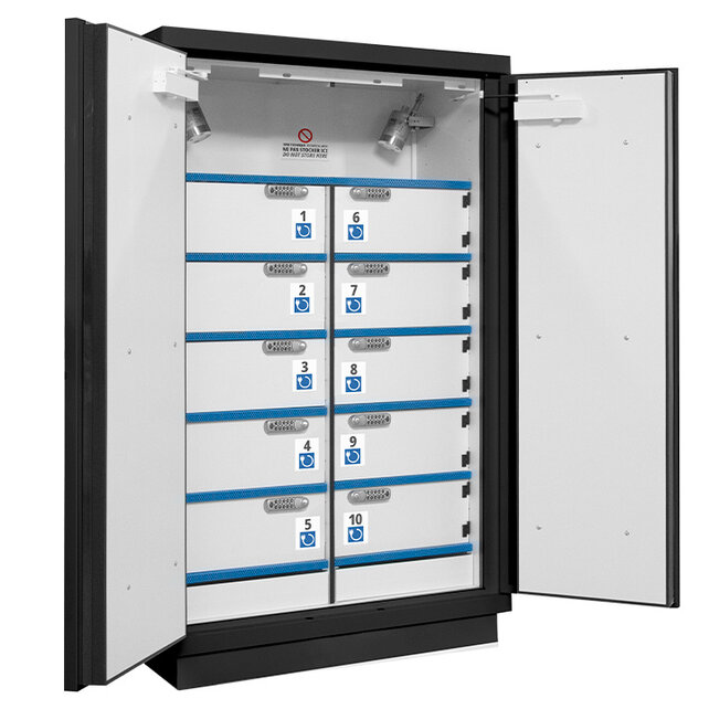 90‑Minute Fire‑Resistant Lithium‑Ion Battery Cabinet – 2 Doors – 10 Lockable Compartments