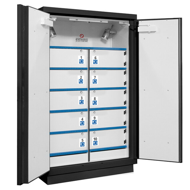 90-Minuten Lithium-Ionen-Akkuschrank, 2-türig, mit 10 abschließbaren Ladefächern – Serie 790+LIAC
