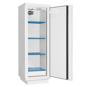 90-Minuten Brandschutzschrank für Lithium-Ionen-Akkus, hoch, 1-türig, 2020 × 635 × 620 mm, vorkonfiguriert mit 4 Fachböden und Feuerlöscher