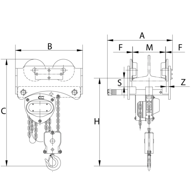 Palan Manuel Faible Hauteur Perdue S20P avec Chariot Poussoir 0.5–5 Tonnes – Hauteur de Levage 3–10 m
