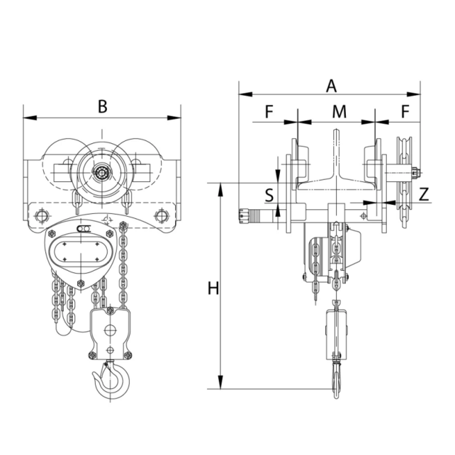 Palan Manuel Faible Hauteur Perdue S20G avec Chariot à Chaîne 0.5–5 Tonnes – Hauteur de Levage 3–10 m