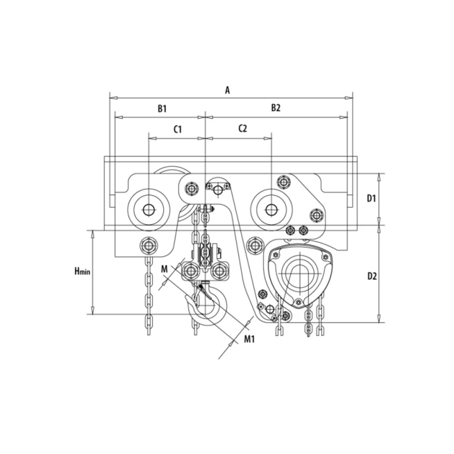 Palan Manuel Faible Hauteur Perdue KBT200OD avec Chariot à Chaîne 1–6.3 Tonnes – Hauteur de Levage 3 m