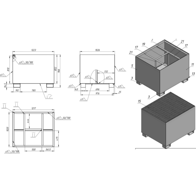 IBC-Auffangwanne aus Stahl für 1 IBC-Container bis 1.050 Liter, 1.200 kg Tragkraft, mit verzinktem Gitterrost