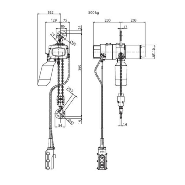 Elephant ALC 400 V Palan Électrique à Chaîne – 150 – 500 kg – 1 vitesse – Hauteur de levage 3–10 m