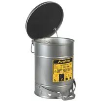 Justrite SoundGard™ Oily Waste Can 0908 Zilver – Geluidsarme Veiligheidsafvalbak voor Oliehoudende Doeken – Voetbediend