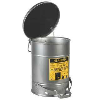 Justrite SoundGard™ Oily Waste Can 0908 Zilver – Geluidsarme Veiligheidsafvalbak voor Oliehoudende Doeken – Voetbediend