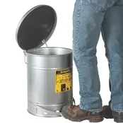 Justrite SoundGard™ Oily Waste Can 0908 Zilver – Geluidsarme Veiligheidsafvalbak voor Oliehoudende Doeken – Voetbediend