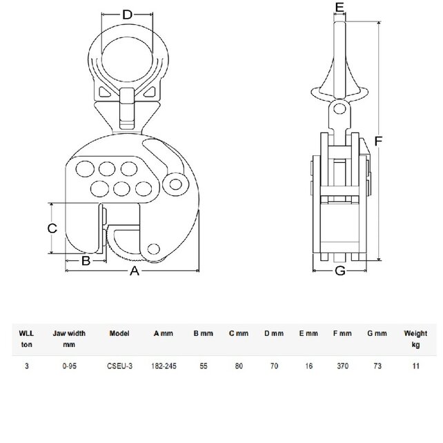 CSEU Adjustable vertical plate lifting clamp - 3000 kg