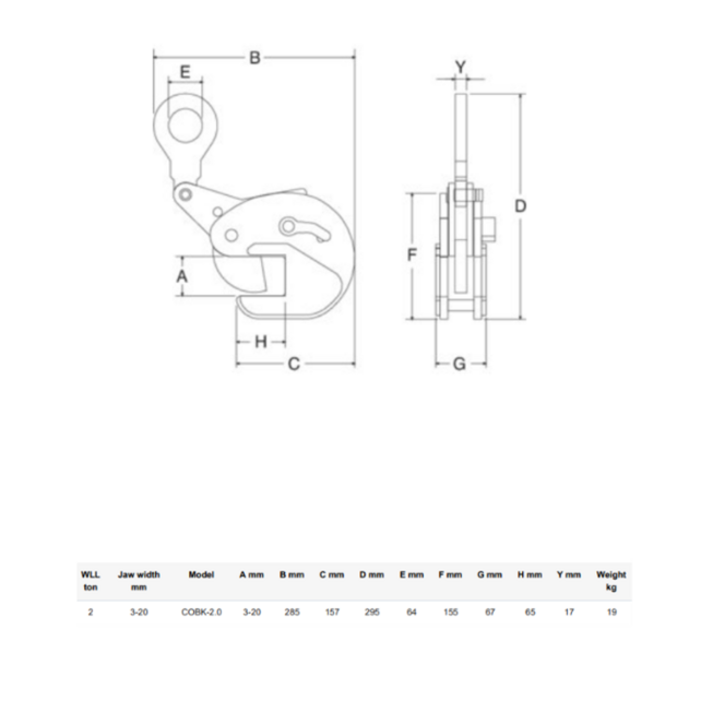 COBK Horizontal beam pince de levage - 2000 kg