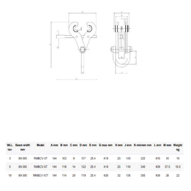 RMBCV professional beam clamps and hand trolleys - 3000-10000 kg