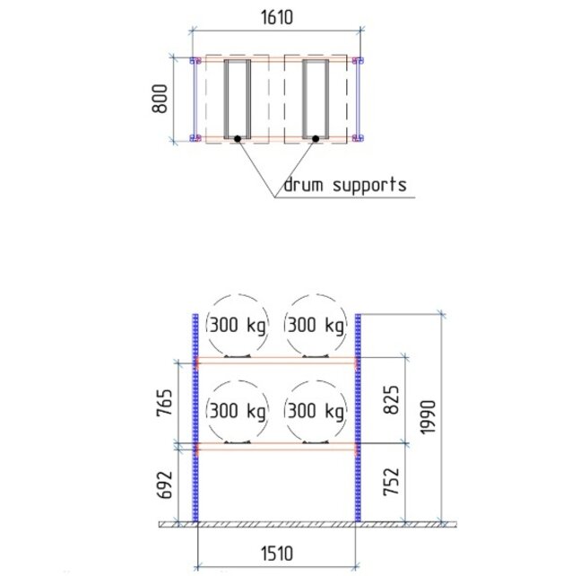 Rayonnage Horizontal pour 4 Fûts Métalliques avec Bac de Rétention de 270L – 2 Niveaux, 600 kg par Niveau