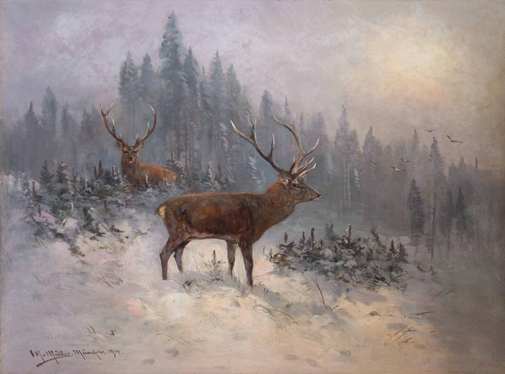Moritz Müller d. J. (1869 - 1934)  » Öl-Gemälde Tiermalerei Jagd Hirsche Winterlandschaft Münchner Malerschule