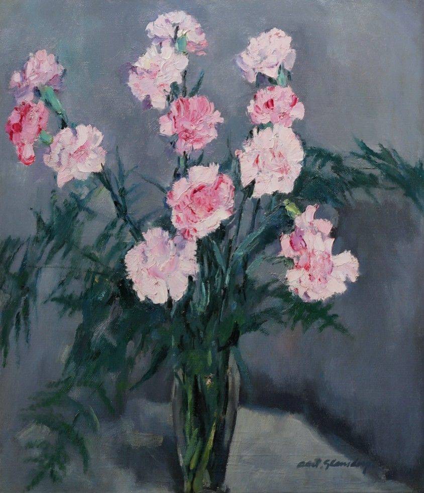 Aart Glansdorp (1903 - 1989) » Öl-Gemälde Impressionismus Blumen Nelken Stillleben Blumenstillleben holländischer Maler
