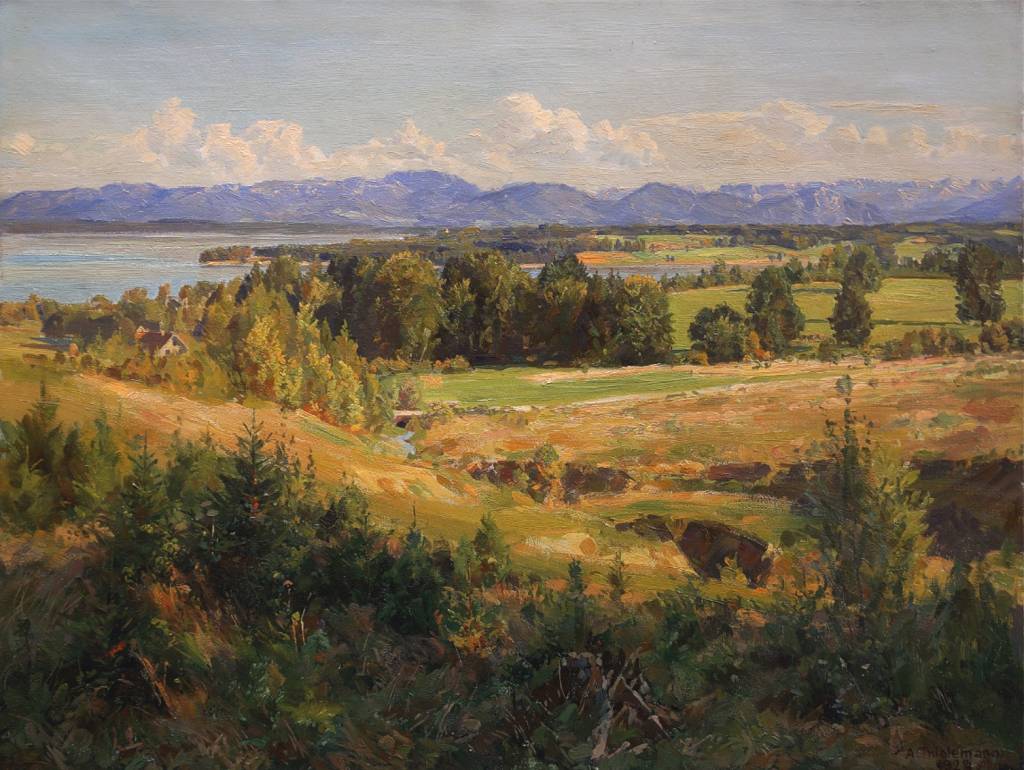 Alfred Thielemann (1883 - 1973) » Öl-Gemälde Münchner Maler Voralpenlandschaft Starnberger See süddeutsche Malerei