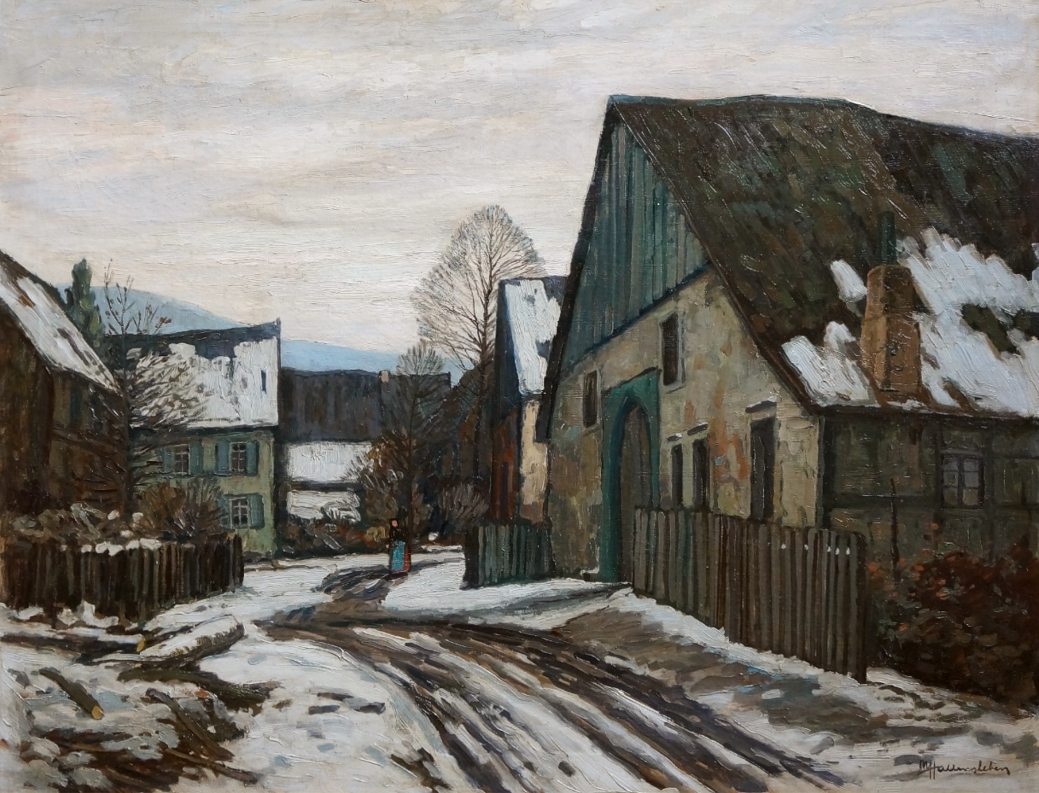 Max Hallensleben (1884 - 1927) » Öl-Gemälde Düsseldorfer Maler-Schule Dorf Landschaft Winter Schnee Winterlandschaft Schneelandschaft