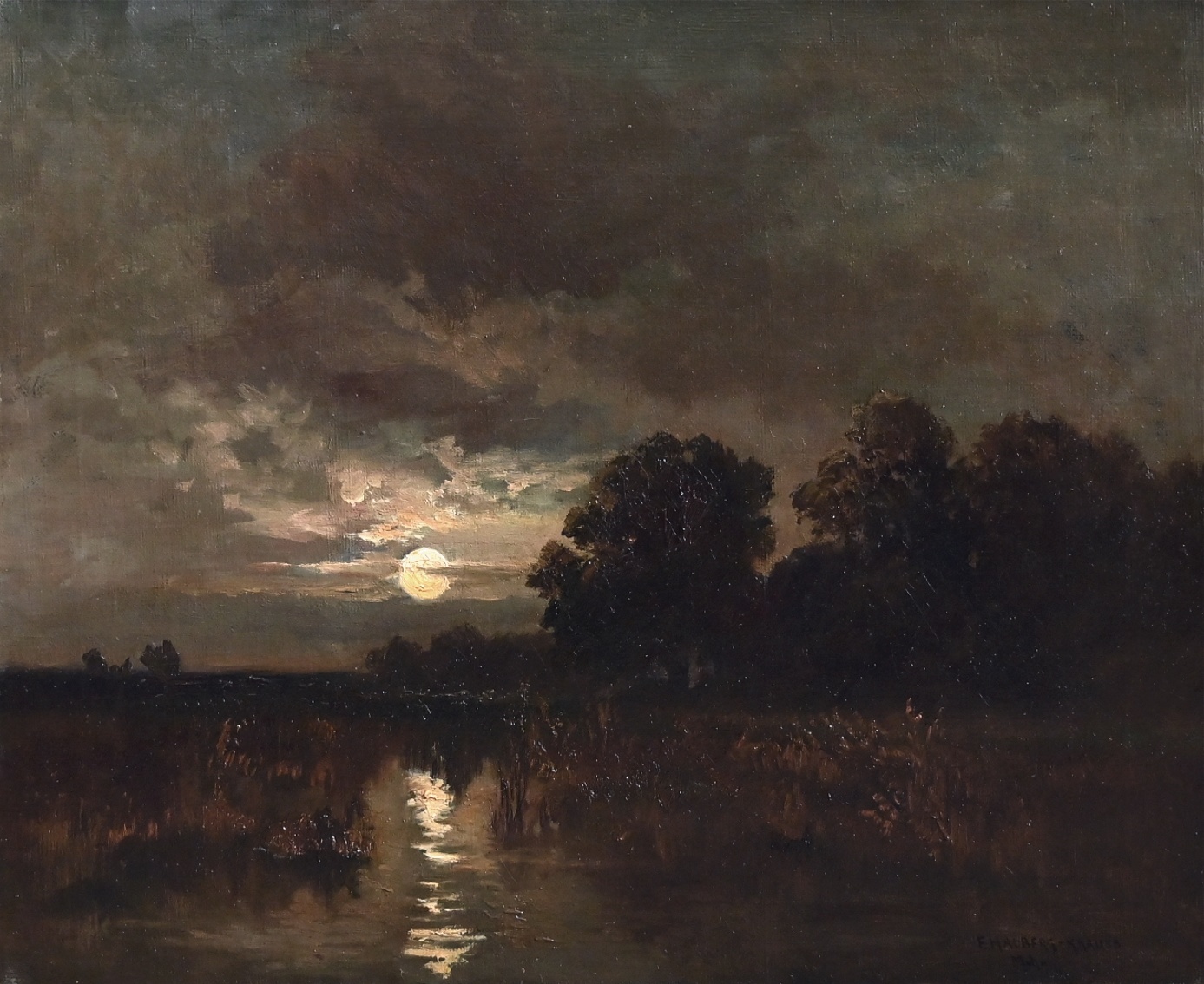 Fritz Halberg-Krauss (1874 - 1951) » Öl-Gemälde Landschaftsgemälde Impressionismus Mond Mondnacht Mondschein Nacht Vollmond Münchner Malerschule süddeutsche Malerei