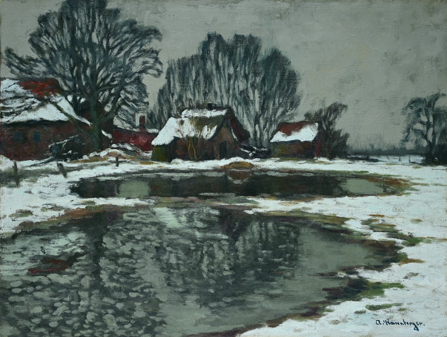 Alfred Rasenberger (1885 - 1948) » Öl-Gemälde Impressionismus Düsseldorfer Malerschule Winter Landschaft Niederrhein Winterlandschaft Schnee Schneelandschaft