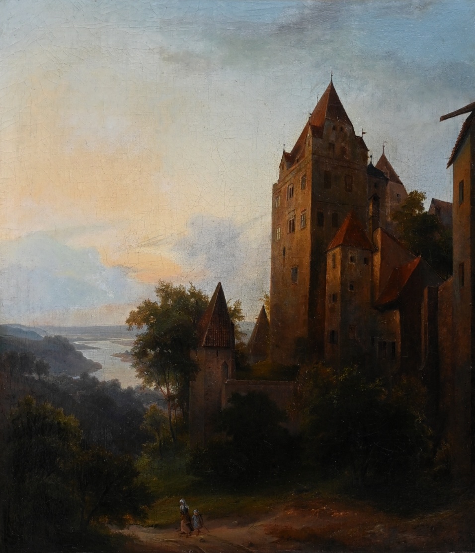 Gemälde des Biedermeier mit Burg Trausnitz in Landshut und Isar