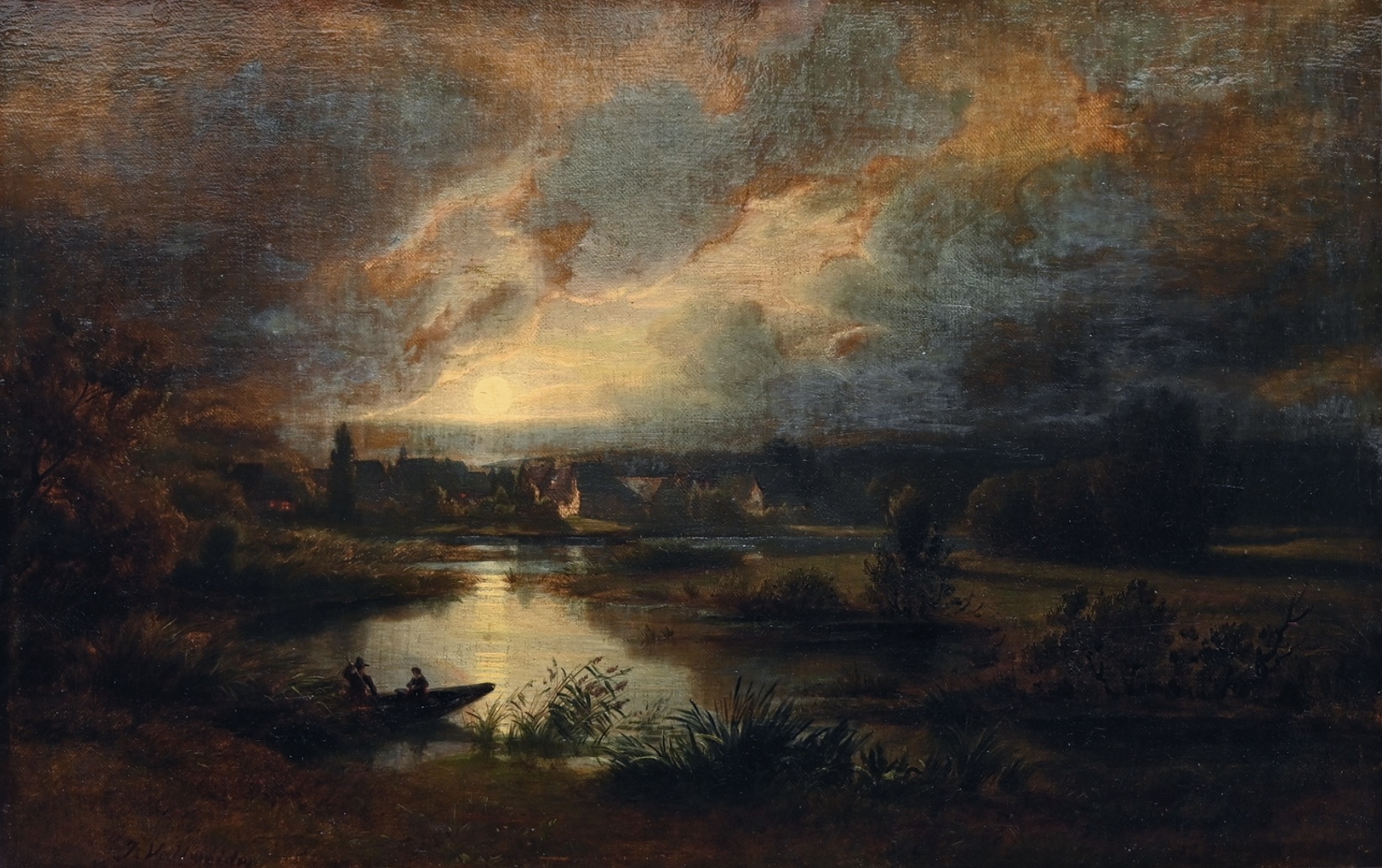 Johann Jakob Vollweider (1834 - 1891) » Öl-Gemälde Spätromantik Biedermeier Mond Mondnacht Vollmond Nacht Landschaft Landschaftsgemälde
