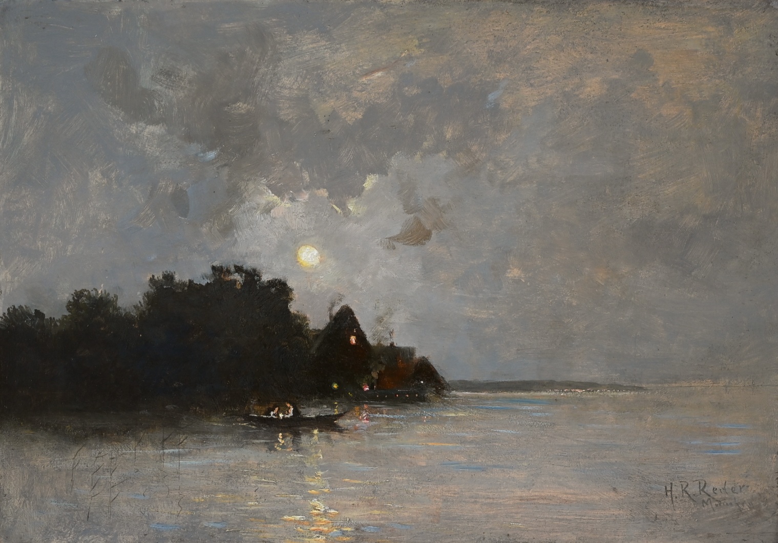 Heinrich R. Reder (1862 - 1942) » Öl-Gemälde Spätromantik Landschaft Bodensee Mond Nacht Mondnacht Münchner Malerschule