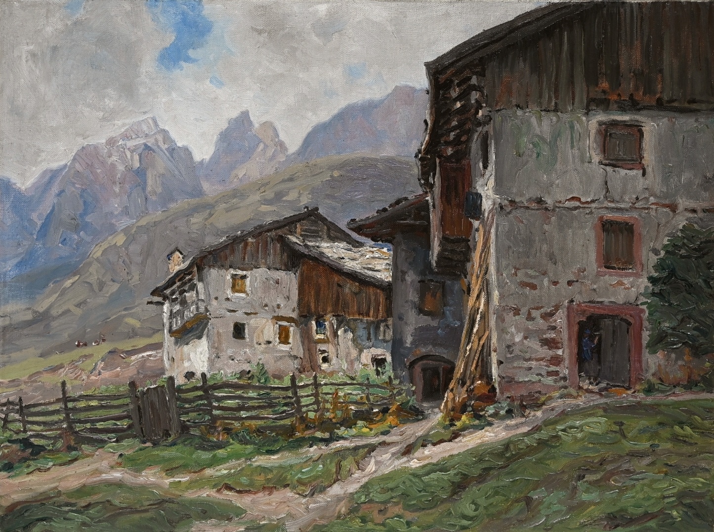 Gebirgslandschaften Georg Hacker (1863 - 1945) » Öl-Gemälde Impressionismus Bauernhof Alpen Landschaft