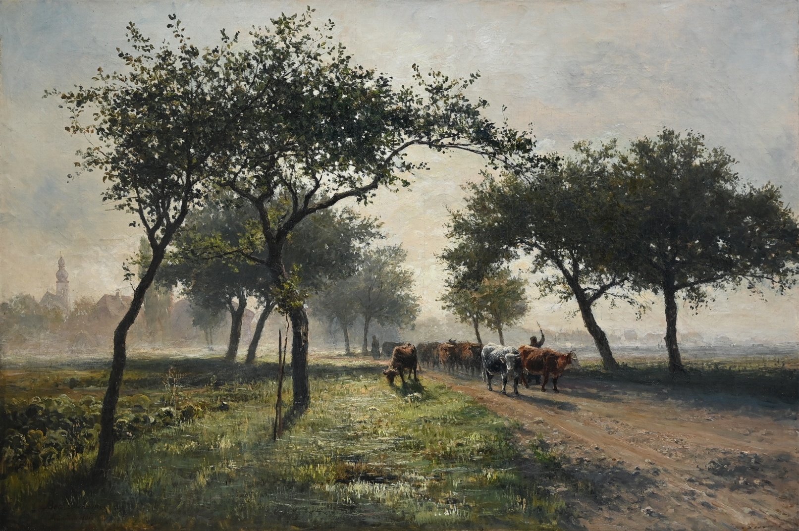 Gustav von Bechtolsheim (1842 - 1924) » Öl-Gemälde Münchner Malerschule Kühe Dorf Landschaft