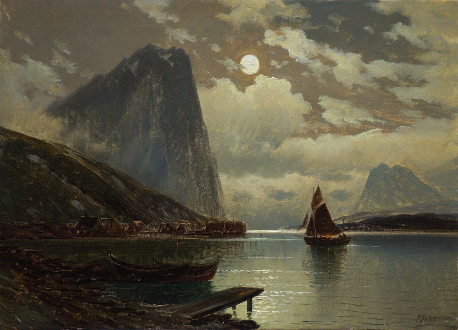 Carl Bertold (*1870) » Öl-Gemälde norwegische Fjord Mond Nacht Mondnacht Mondschein Fjordlandschaft Meer Landschaft Düsseldorfer Malerschule