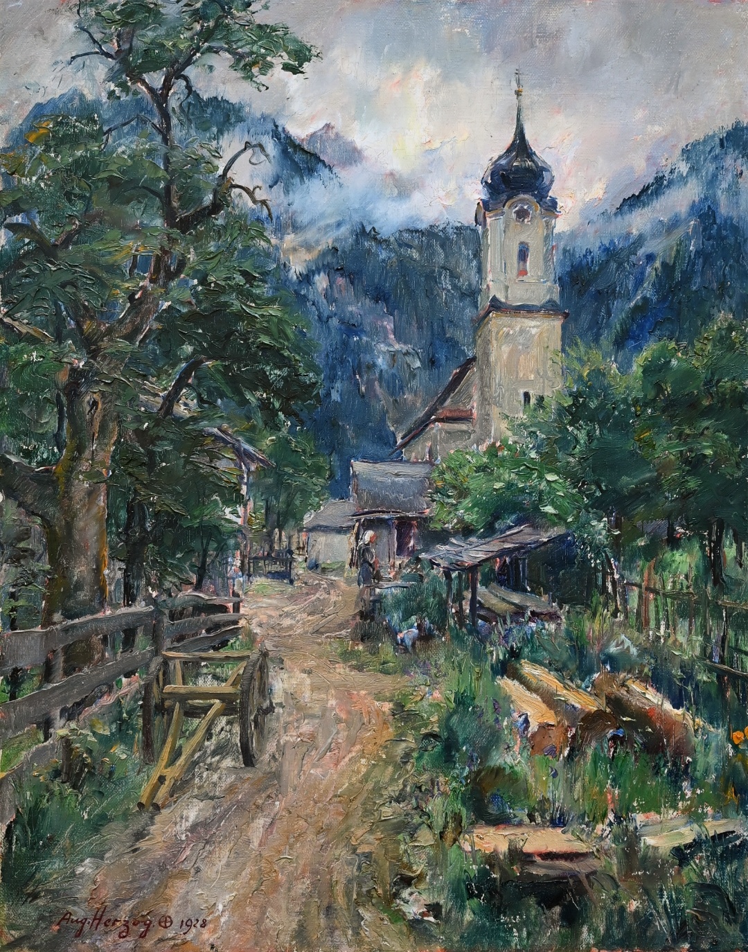 August Herzog (1885 - 1959) » Öl-Gemälde Impressionismus Alpen Bergdorf Landschaft