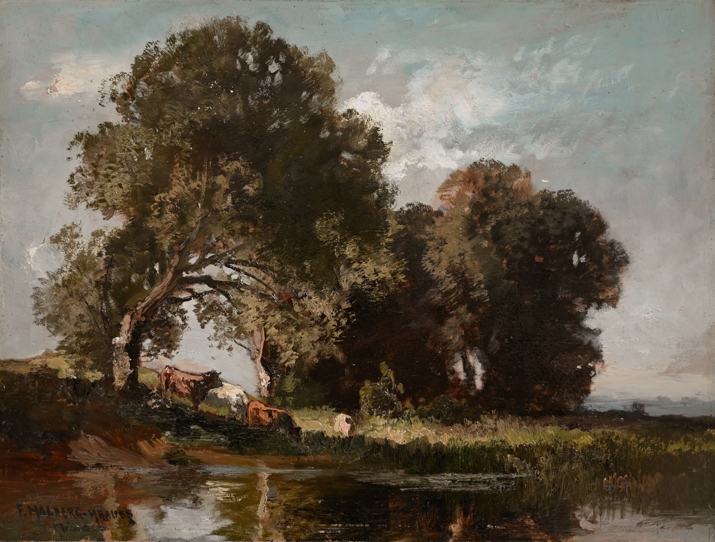 Fritz Halberg-Krauss (1874 - 1951) » Öl-Gemälde Landschaftsgemälde Impressionismus Landschaft Kühe Münchner Malerschule süddeutsche Malerei